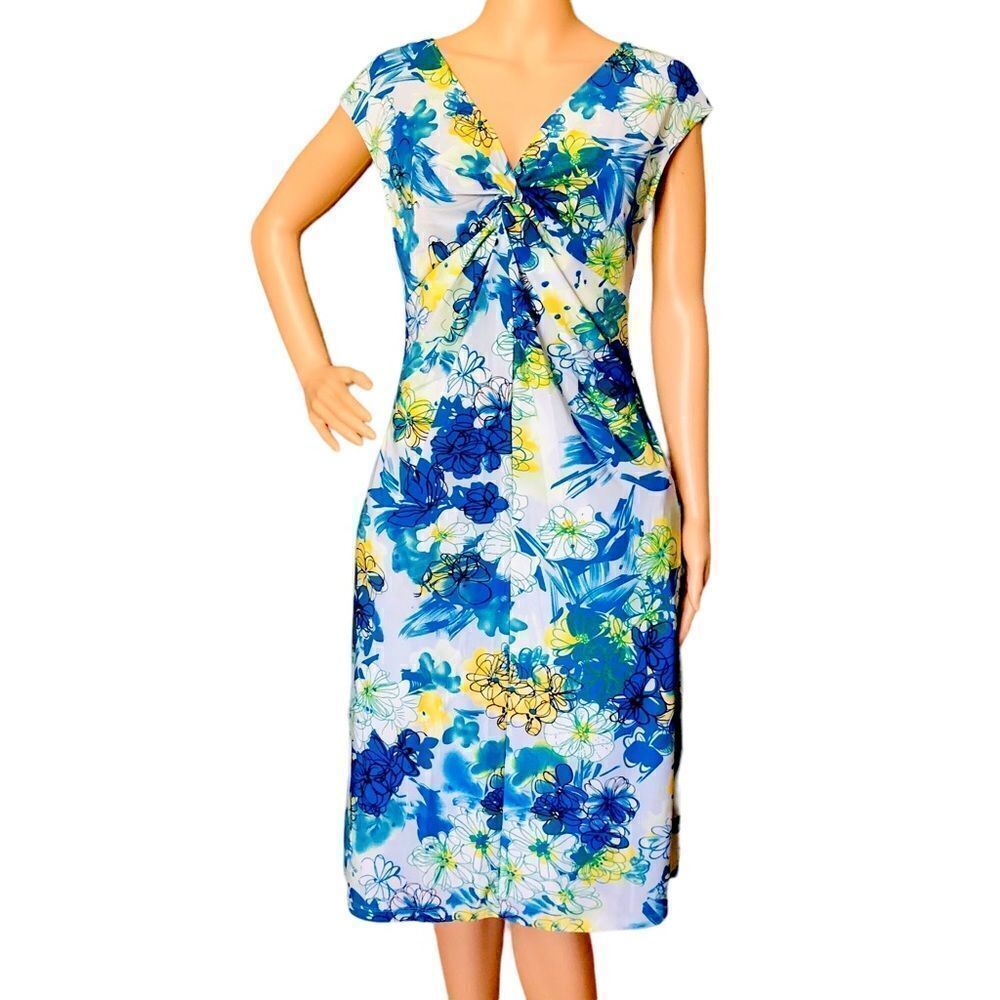 Tiki Palm Blue Yellow Island Tropical Floral Print Pull On Dress Sz L